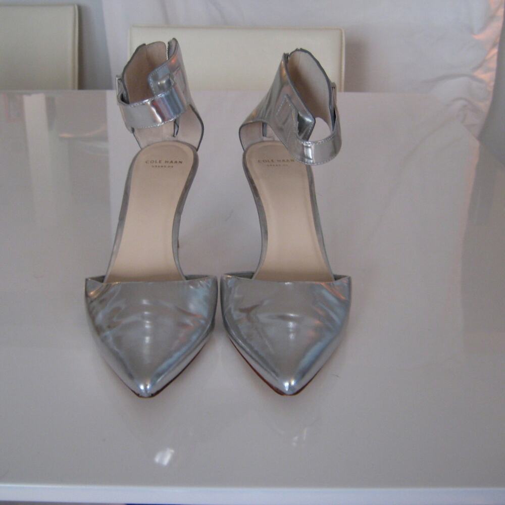 Cole Haan Grand.OS | Silver Metallic Bow Ankle Strap Heel | Size 9.5